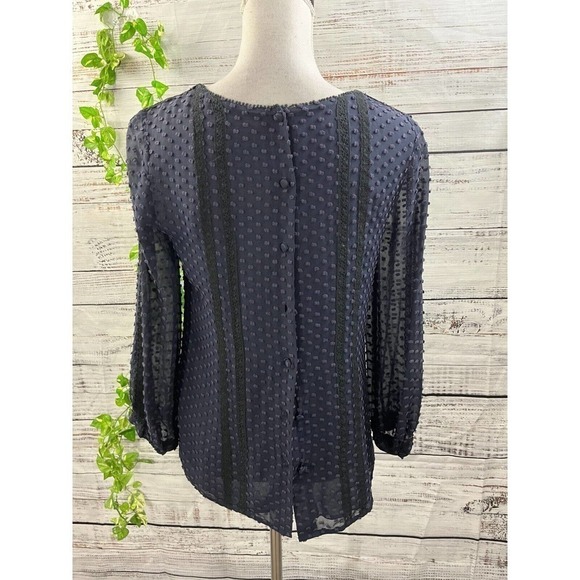 J Crew Blouse size 0 Navy Blue Lace Dotted Sheer Boho Peasant Prairie Modest - Picture 8 of 10